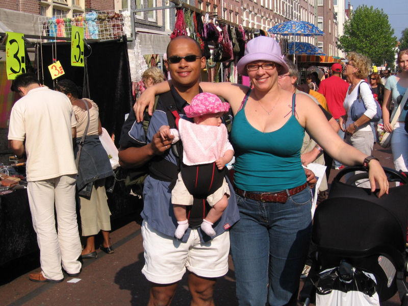 2005 09 21 We went to Amsterdam for the day.  We went to the Heineken Experience, the Anne Frank House and on a boat tour of the canals.  Here are the three of us in the largest outdoor market in Amsterdam.