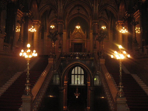 2007 02 20 Budapest 03 Parliament Building Entrance - This Parliament Building was build during the Hungarian Golden Age.  Apparently, they could have built a city for 60,000 people for what it cost!