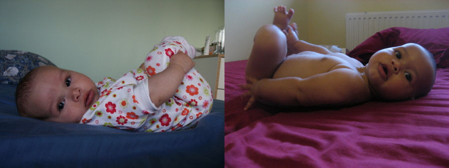 2007 11 07 Hey look, twins! No... thank goodness! But here they are side by side. Ruby is two months old in this photo (Flower PJs) and Harper is four months.
