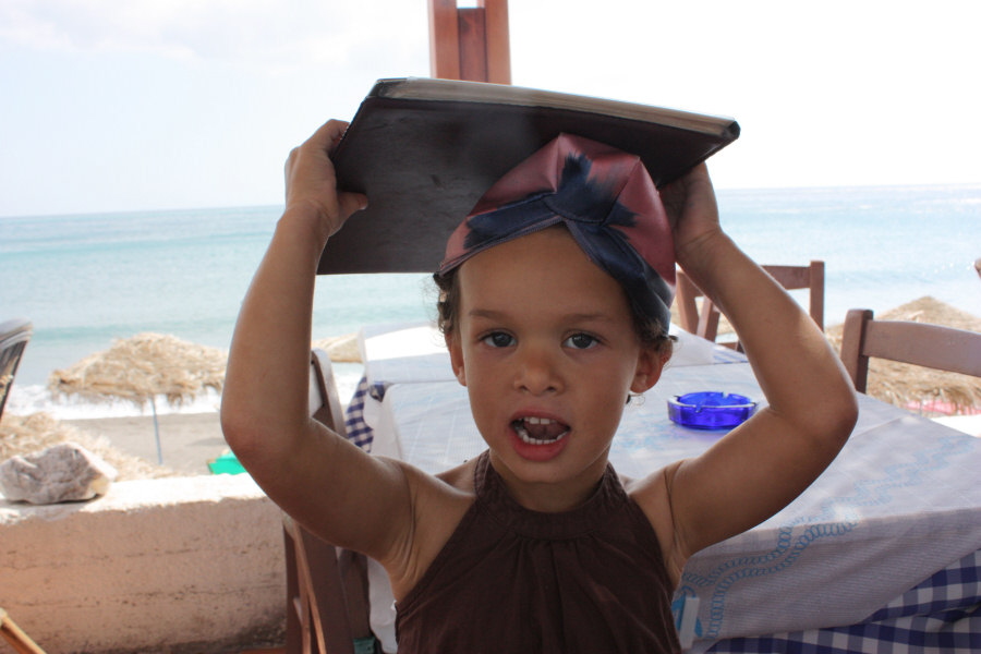 2008 10 08 Ruby at Lunch with Pencil Case hat and Menu Shield